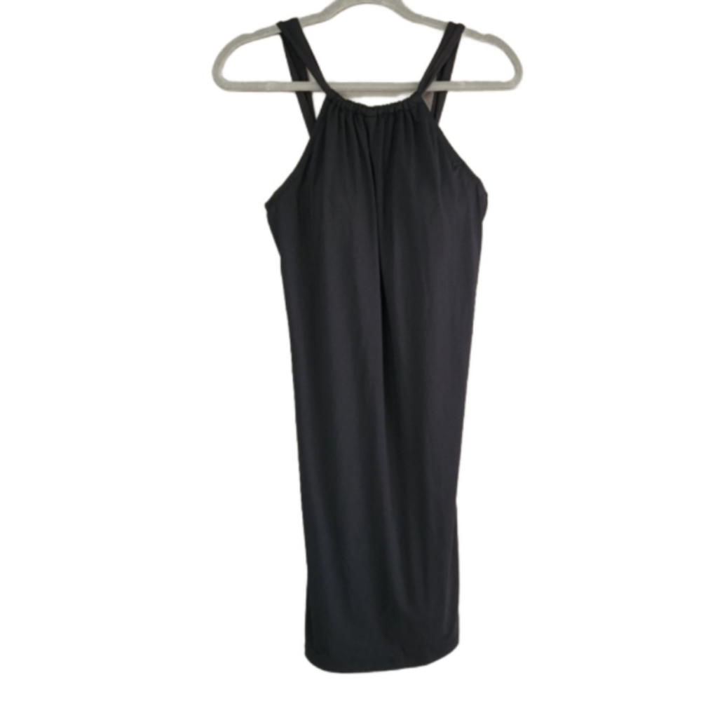 Athleta solid black midi dress built on bra size Medium tie back adjustment